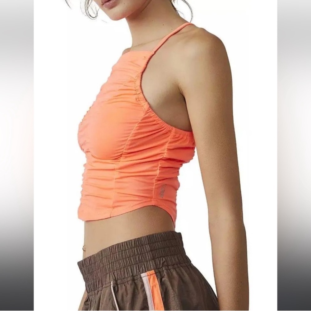 Free people movement Orange Ruched Halter Crop Top NWT size M w/ logo